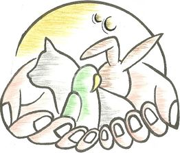 Zeichnung: Katze, Vogel und Hase in Händen, Sonne und zwei Monde im Hintergrund.