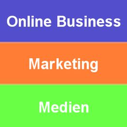 Drei bunte Streifen mit den Wörtern: Online Business, Marketing, Medien.