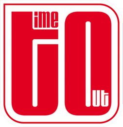 Rotes Logo mit den weißen Wörtern "time" und "out" innerhalb der Form "60".