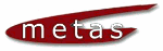 Rotes Logo mit dem Schriftzug "metas" in weißer Schrift auf einem geschwungenen Hintergrund.