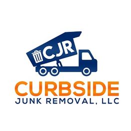 Logo of Curbside Junk Removal LLC with a blue truck and initials CJR on the container.