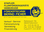 Gelbes Schild mit "Fördertechnik Bernd Ficker" und Kontaktinfo für Verkauf und Vermietung von Staplern.