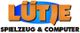 Logo "Lütje Spielzeug & Computer" in orange und schwarz auf blauem Hintergrund.