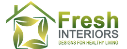 Logo: Green house shape with leaves, text "Fresh Interiors: Bringing Nature Indoors".