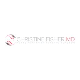 Logo of Christine Fisher MD, Board Certified Plastic Surgeon, with abstract circular design.