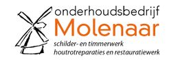 Logo van Onderhoudsbedrijf Molenaar met molen, gespecialiseerd in schilderen en houtreparaties.