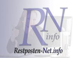 Große blaue Buchstaben "RN info", Frau dahinter, "Restposten-Net.info" unten.
