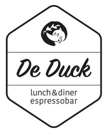Logo van "De Duck", een lunch- en dinercafé met espressobar en lachende eend in het ontwerp.