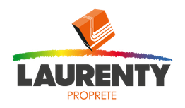 Logo Laurenty Propreté avec arc-en-ciel et cube orange.