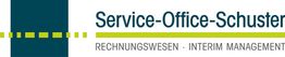 Logo mit Text: "Service-Office-Schuster, Rechnungswesen, Interim Management", grün-blaues Design.