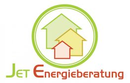 Logo mit drei überlappenden Häusern, umgeben von einem Kreis. Text: "Jet Energieberatung".
