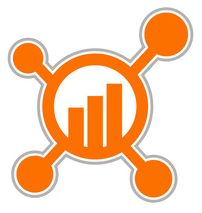 Orange Logo mit Diagrammbalken und kreisförmigen Verbindungen.