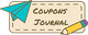 Paper airplane and pencil next to "Coupons Journal" text on a stitched label.