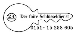 Schlüsselform mit Text: "24 Stunden, Der faire Schlüsseldienst, 0151-15 258 605".