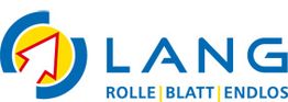 Logo mit blauem Text "LANG" und Symbol, darunter "ROLLE | BLATT | ENDLOS".