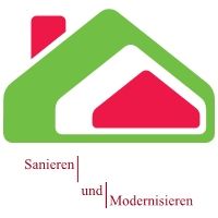 Grafik eines stilisierten Hauses in Grün und Rot. Text: "Sanieren und Modernisieren".