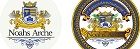 Zwei Wappen mit Krone und Löwen. Text: "Noah's Arche" links, "Noah's Ark" rechts.