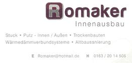 Visitenkarte von Romaker Innenausbau mit Dienstleistungen und Kontaktinformationen.