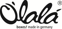 Schwarzes Logo mit "Ölala" in geschwungener Schrift und Text "boxes! made in germany".