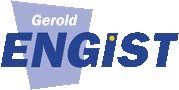Logo mit blauem Schriftzug "Gerold ENGIST" auf hellblauem Hintergrund.