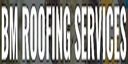 "BM ROOFING SERVICES" in bold white letters on a blurred, colorful background.