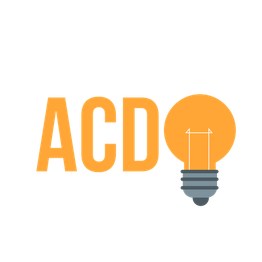 ACD-logo met gloeilamp als "O", oranje letters en grijze details.