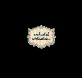 A decorative label with "enchanted celebrations" on a black background.