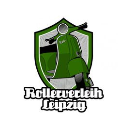 Grüner Roller auf einem Schild, darunter steht "Rollerverleih Leipzig".