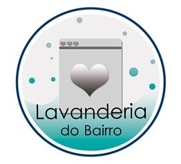 Ícone de lavanderia com uma máquina de lavar e coração. Texto: "Lavanderia do Bairro".