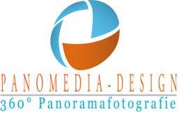 Logo von Panomedia-Design mit 360° Panoramafotografie in Blau und Orange.