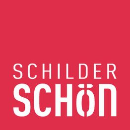 Rotes Quadrat mit weißem Text "Schilder Schön".