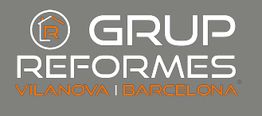 Logotipo de "Grup Reformes Vilanova i Barcelona" en fondo gris con texto blanco y naranja.