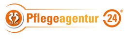 Logo der Pflegeagentur 24 mit zwei Seepferdchen in einem Kreis links, orange-weiße Farbgebung.