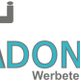 Menschliche Figur und Text "ADONIS Werbetechnik" in Grau und Türkis, stilisiertes Logo.