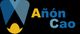 Logo con texto "Añón Cao" y diseño abstracto en azul y amarillo sobre fondo negro.