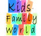 Bunte Buchstaben auf farbigen Hintergründen bilden die Wörter "Kids Family World".