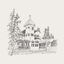 Sketch of a house with a tower, surrounded by trees.