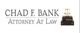 Attorney Chad F. Bank logo with scales of justice and law books.