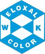 Blaues sechseckiges Logo mit den Worten "Eloxal W K Color" und einem stilisierten Muster.