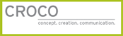 Logo: "CROCO" in Grau mit grünem Rahmen; darunter "concept. creation. communication." in kleiner Schrift.