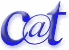 Blauer, geschwungener Schriftzug "Cat" mit dem "a" als @-Zeichen.