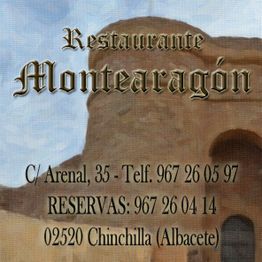 Texto del Restaurante Montearagón con dirección y teléfonos de contacto en textura de piedra.
