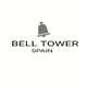 Campana gris sobre texto "Bell Tower Spain" en fondo blanco.