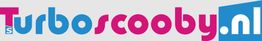 Logo met tekst "Turboscooby.nl" in blauw en roze op een grijze achtergrond.