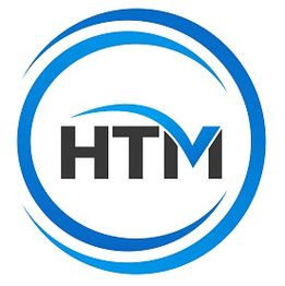 Logo with "HTM" and a blue swoosh encircled by blue curved lines.