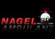 "Schwarzer Hintergrund, Text 'Nagel Ambulanz' in Rot und Grau mit Cartoon-Krankenwagen-Logo."