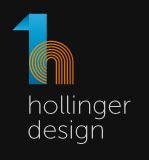 Logo mit stilisiertem "h" in Blau und Orange, Text "hollinger design" darunter auf schwarzem Hintergrund.
