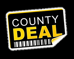 "Schwarzes Schild mit 'COUNTY DEAL' in Gelb und Weiß, darunter ein Barcode-Symbol."