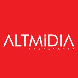 Logo com fundo vermelho e texto "ALTMÍDIA PROPAGANDA" em branco.