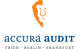 Logo von Accura Audit mit stilisiertem Gesicht und Städtenamen Trier, Berlin, Frankfurt.